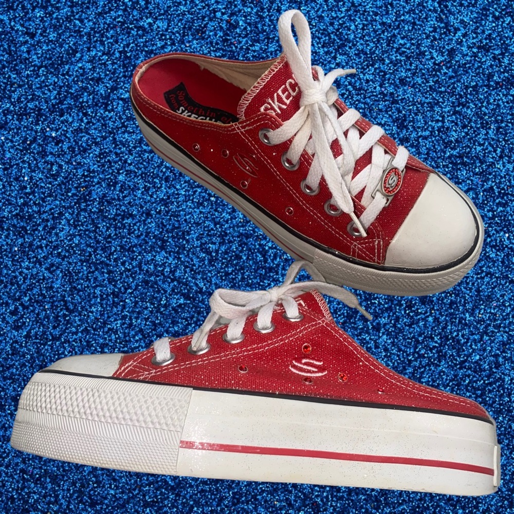 VINTAGE SKECHERS PLATFORMS SHOES Y2K SIZE 7 RED GLITTER SPARKLE